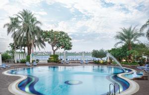 卢克索Steigenberger Nile Palace Luxor - Convention Center的一座棕榈树游泳池和一个喷泉