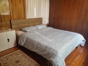 塞萨洛尼基Villa in Trilofos-close to the beach的一间卧室配有一张床,铺有木地板