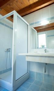 里科索翁Olive Τrees Garden的一间带水槽、淋浴和镜子的浴室