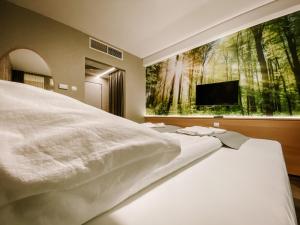尼赖吉哈佐Park Hotel Sóstó的卧室配有一张白色大床,墙上配有电视