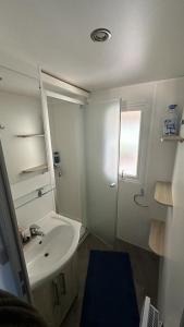 滨海苏拉克Mobil-home 177的白色的浴室设有水槽和淋浴。