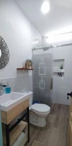 LíbanoCasa Turística Líbano的白色的浴室设有卫生间和水槽。
