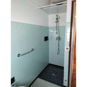 卡奥莱Bright villa with private garden - Beahost Rentals的浴室设有蓝色瓷砖淋浴。