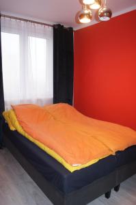 科沙林Mieszkanie osiedle Północ的红色墙壁的房间里一张床位