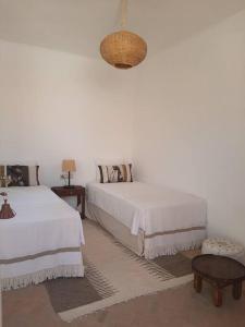 马拉喀什Riad Nour, Maison de charme.的一间卧室设有两张床和白色的墙壁