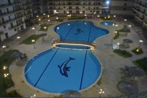 Qaryat ash Shamālīشقة فندقية的享有大型游泳池的顶部景色
