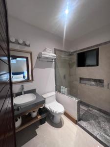 塔马林多Full condo in Tamarindo, CR的浴室配有卫生间、盥洗盆和淋浴。