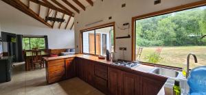 比亚里卡Casa de campo Villarrica的一个带水槽和大窗户的厨房