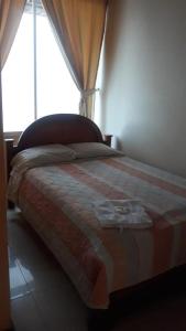 La Joya de los SachasHotel Mirador Sacha的一间卧室配有一张带毯子的床和窗户
