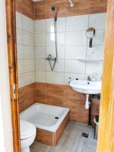 琼格拉德Köröstorok Apartmanok的带浴缸、卫生间和盥洗盆的浴室