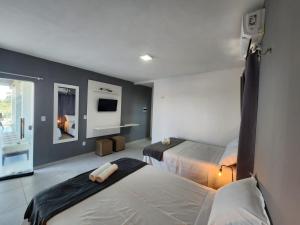 圣阿马鲁Eco House Gaivota - Cond Ville Portal das Dunas的一间酒店客房,设有两张床和电视