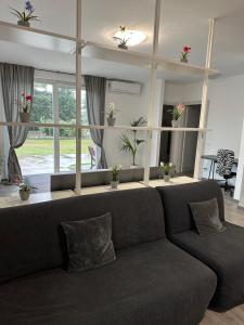 卡萨诺达达Villa 2的带沙发的客厅和部分窗户。
