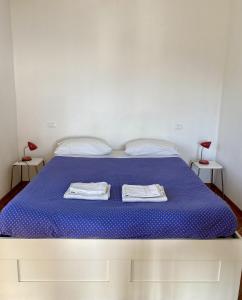 莫内利亚鲁里沃艾尔梅尔度假农庄的一间卧室配有蓝色的床和2条毛巾