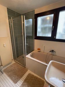 特拉本特拉巴赫飞沃施托伊尔公寓的带淋浴、浴缸和盥洗盆的浴室