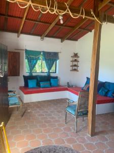 SalcoatitánCabañas Gonzalez的客厅配有红色和蓝色的沙发