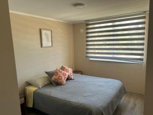 奥索尔诺Departamento nuevo con perfecta ubicación的卧室配有带枕头的床铺和窗户。