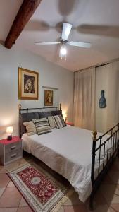 威尼斯La Dolce Venezia Guesthouse的一间卧室配有一张带吊扇的床