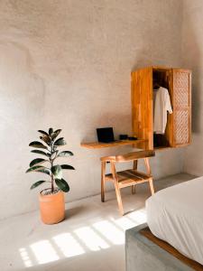 波波约Tukasa - Surfhouse Popoyo的一间卧室配有书桌、桌子和盆栽植物