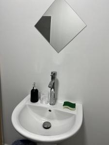 乌图罗阿Stay 'n Go - Raiatea的白色浴室水槽,上面有镜子