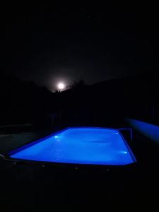 若阿诺波利斯Casa de campo Maciel的蓝色的游泳池,夜晚有月亮的背景