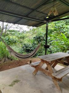 图里亚尔瓦Natural paradise的木餐桌和天篷下的吊床