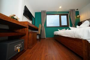 河内NT Elysian hotel的一间卧室配有一张床和一台平面电视