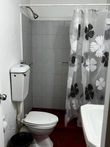 卡塔赫纳Hotel Gran Riviera的一间带卫生间和淋浴帘的浴室
