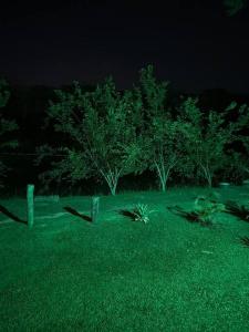 伊图Chalé aconchegante的一片绿地,在晚上有树木和栅栏