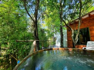 梅利佩乌科CONCEPTO GLAMPING - DOMOS CONGUILLIO的树林小屋前的热水浴池