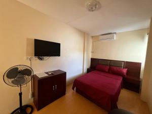 长滩岛APARTELLE BORACAY的一间设有红色床和平面电视的小卧室