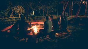 Pakwach EastMama Washindi Lodge的一群人晚上坐在 ⁇ 火旁