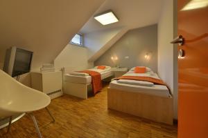 扬斯凯拉兹涅Omnia Hotel Relax & Wellness的阁楼间设有两张床和电视。