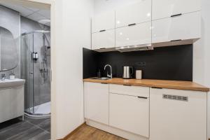 布达佩斯A13- Deluxe Apartments, Best Location, by BQA的白色的厨房设有水槽和淋浴