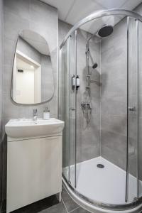 布达佩斯A13- Deluxe Apartments, Best Location, by BQA的带淋浴、盥洗盆和镜子的浴室