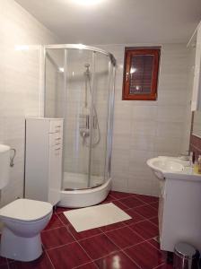 温克兰Apartment Rosemary的带淋浴、卫生间和盥洗盆的浴室