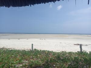 蒙巴萨Oceanview Palm Terrace Homestay-nyali的享有带围栏的海滩和大海的景致。