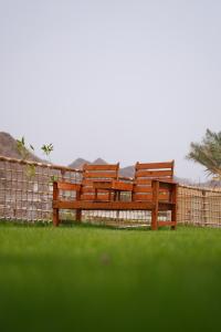 富查伊拉Dibba Mountain Park Resort的两个木凳坐在 ⁇ 边的草地上