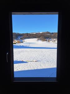 BugnyChez Sof et Flo的窗户享有雪覆盖的田野美景
