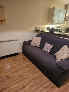 基尔肯尼Penthouse Apartment的带厨房的客房内的一张黑色沙发