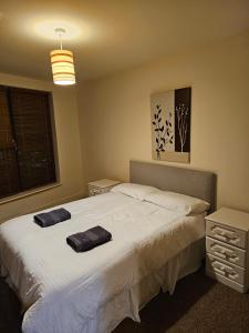 基尔肯尼Penthouse Apartment的一间卧室配有一张床,上面有两条毛巾