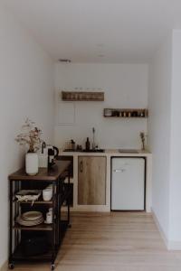 TalaisCôte & Lodge的厨房配有柜台、水槽和冰箱。