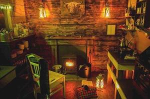 邓韦根Skye Eco Bells的一间设有壁炉的客房,墙上挂着牛头