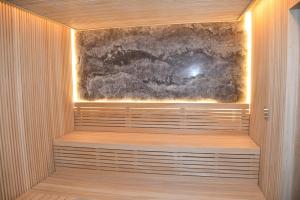 伊斯坦布尔Dosso Dossi Hotels & SPA Golden Horn的一间铺有木地板的桑拿浴室和一幅画作的墙壁