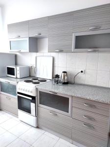 巴甫洛达尔Апартаменты Жаяу Мусы 7А的厨房配有炉灶和微波炉。