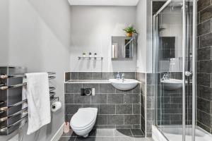 迪斯伯里Lovely Yorkshire Duplex - Sleeps 6 - Netflix的浴室配有卫生间、盥洗盆和淋浴。