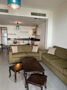索瓦马E03 Samarah Resort Apartments的带沙发和桌子的客厅以及厨房。