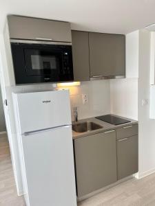 塞纳河畔伊夫里HOTEL LES PORTES DE PARIS的厨房配有白色冰箱和微波炉