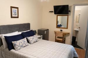 蒙得维的亚Coliving Med by Hotel Mediterràneo的一间卧室配有一张带蓝色枕头的床和电视。