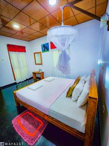 达瓦拉维Sunbird's Home的一间卧室配有一张带吊灯的床。