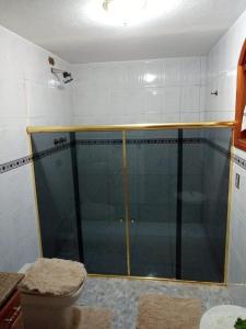 蒙特韦尔迪Casa Ipê的一间带卫生间的浴室内的玻璃淋浴间